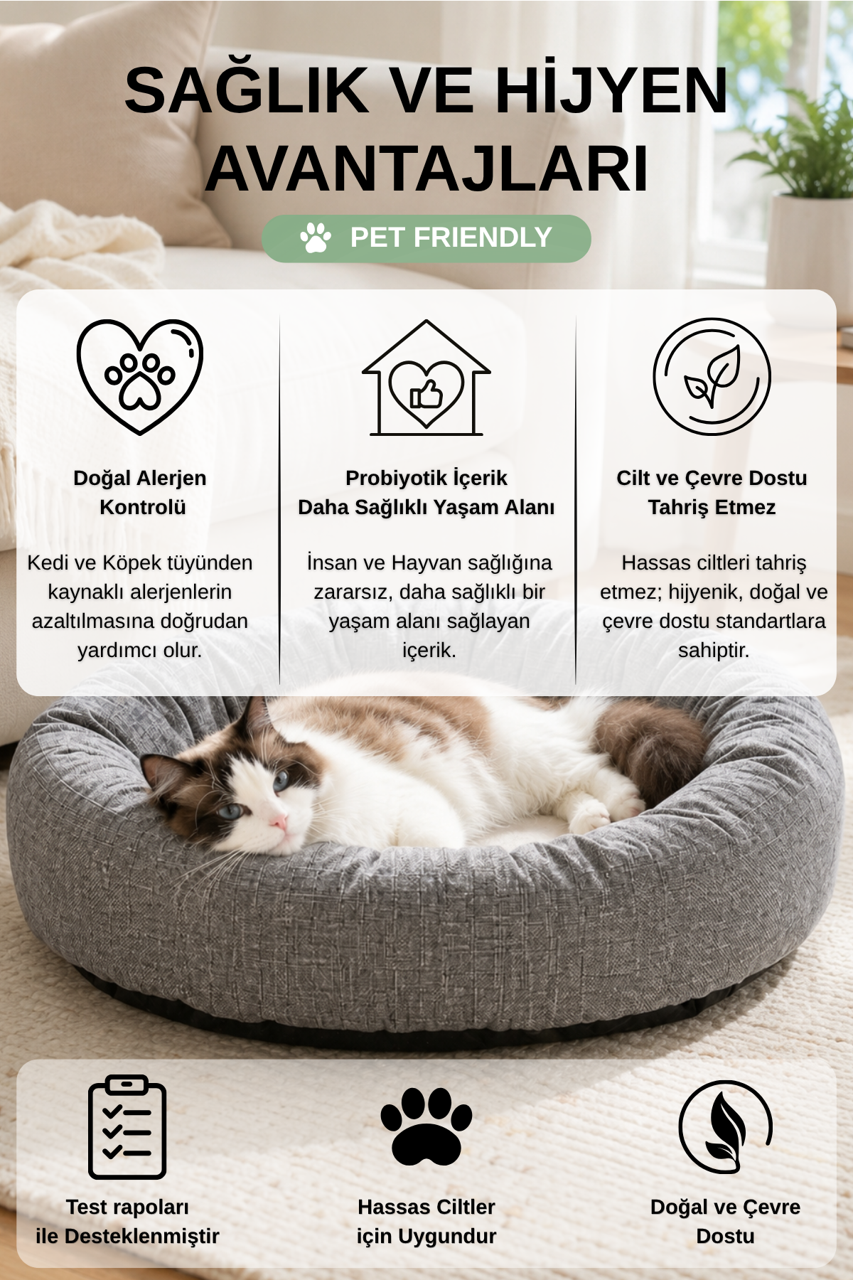 Premium Kedi ve Köpek Yatağı, Yıkanabilir, Kaydırmaz Tabanlı, Peluş Wellsoft Kumaş Yatak