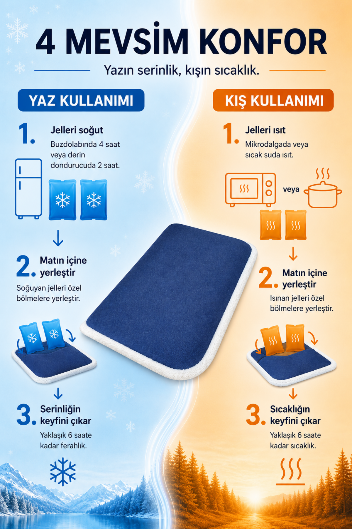 4 Mevsim Kedi ve Köpek Matı, 40x60 cm | Sıcak & Soğuk Kullanılabilen Jel Dolgulu Minder Yatak - Lacivert