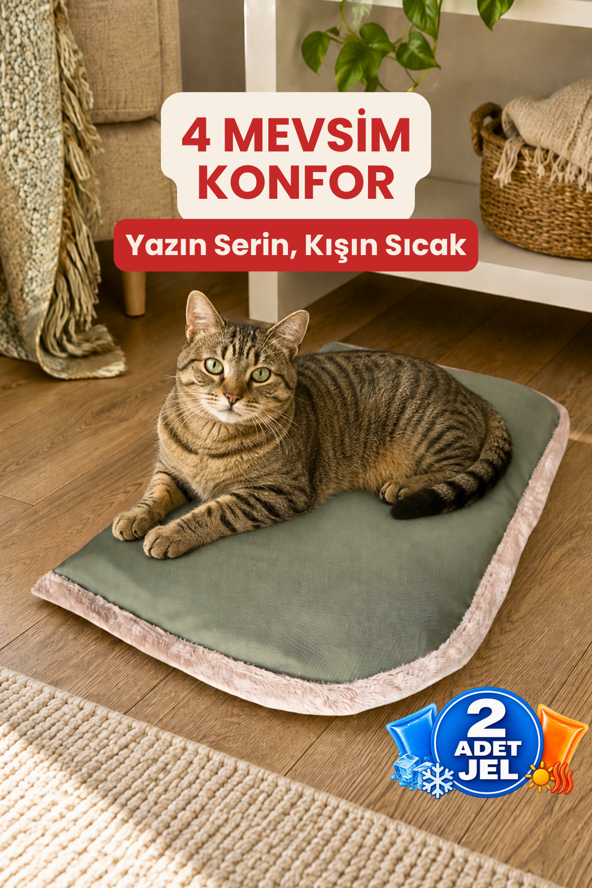 4 Mevsim Kedi ve Köpek Matı, 40x60 cm | Sıcak & Soğuk Kullanılabilen Jel Dolgulu Minder Yatak - Haki