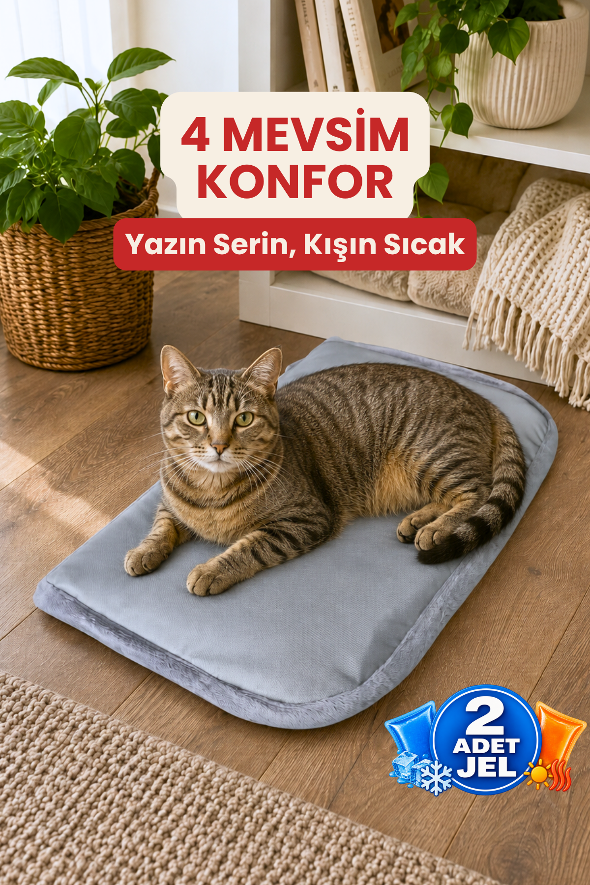 4 Mevsim Kedi ve Köpek Matı, 40x60 cm | Sıcak & Soğuk Kullanılabilen Jel Dolgulu Minder Yatak - Gri