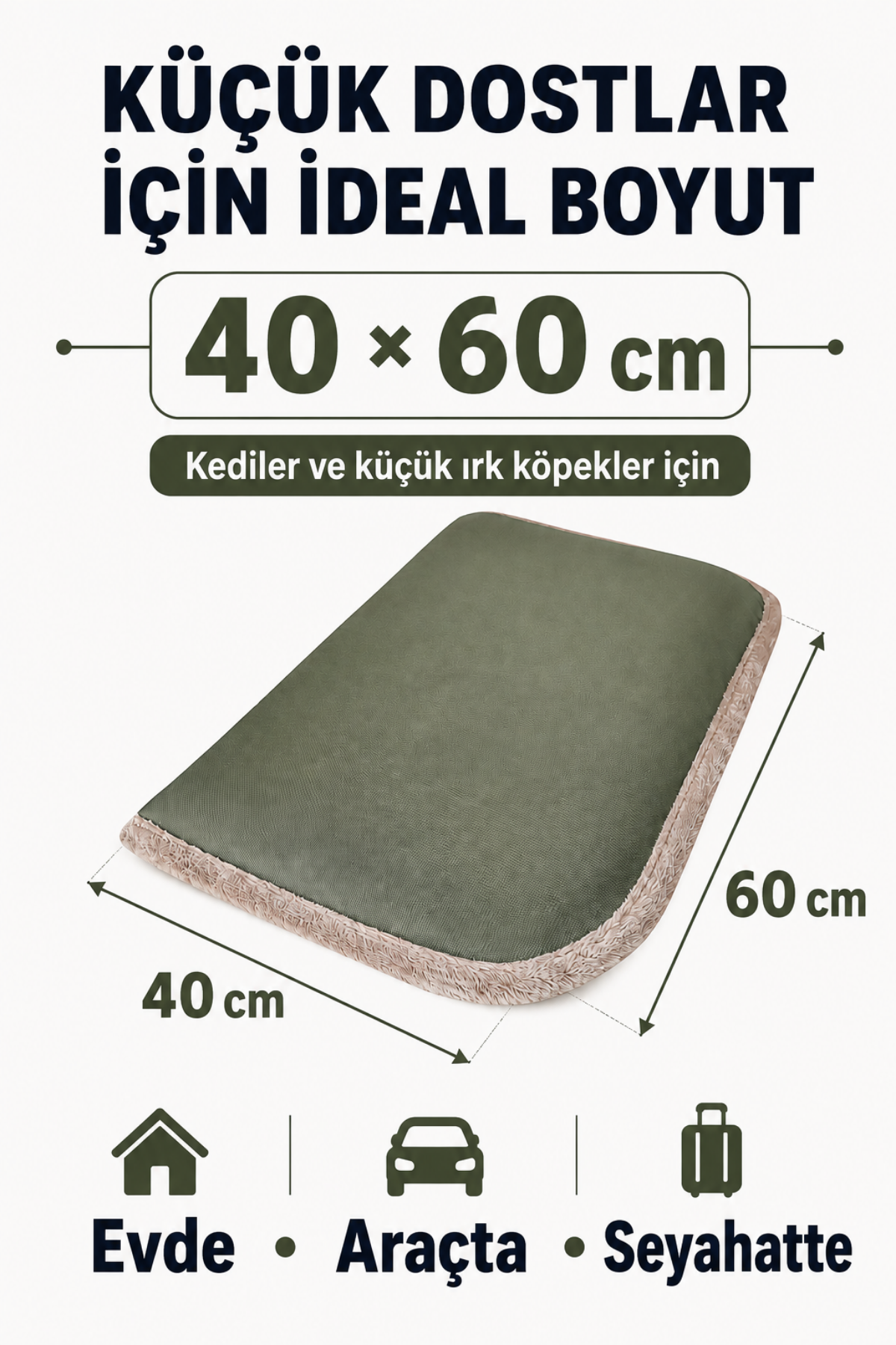 4 Mevsim Kedi ve Köpek Matı, 40x60 cm | Sıcak & Soğuk Kullanılabilen Jel Dolgulu Minder Yatak - Haki