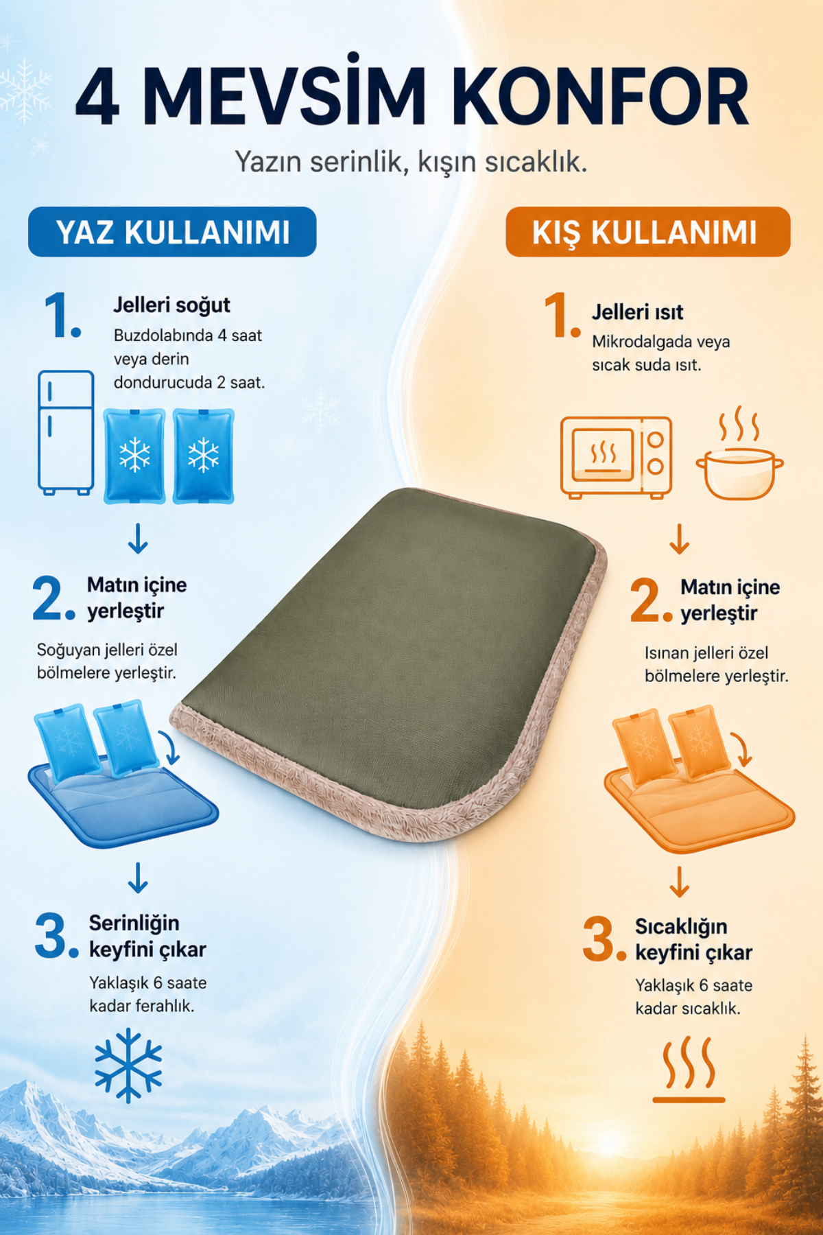 4 Mevsim Kedi ve Köpek Matı, 40x60 cm | Sıcak & Soğuk Kullanılabilen Jel Dolgulu Minder Yatak - Haki