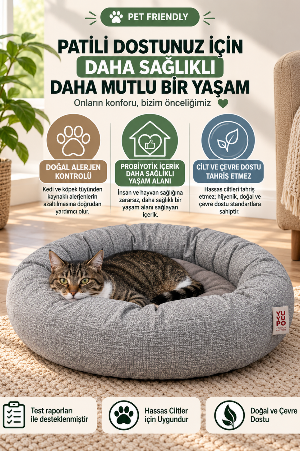 Premium Kedi ve Köpek Yatağı, Yıkanabilir, Kaydırmaz Tabanlı, Peluş Wellsoft Kumaş Yatak
