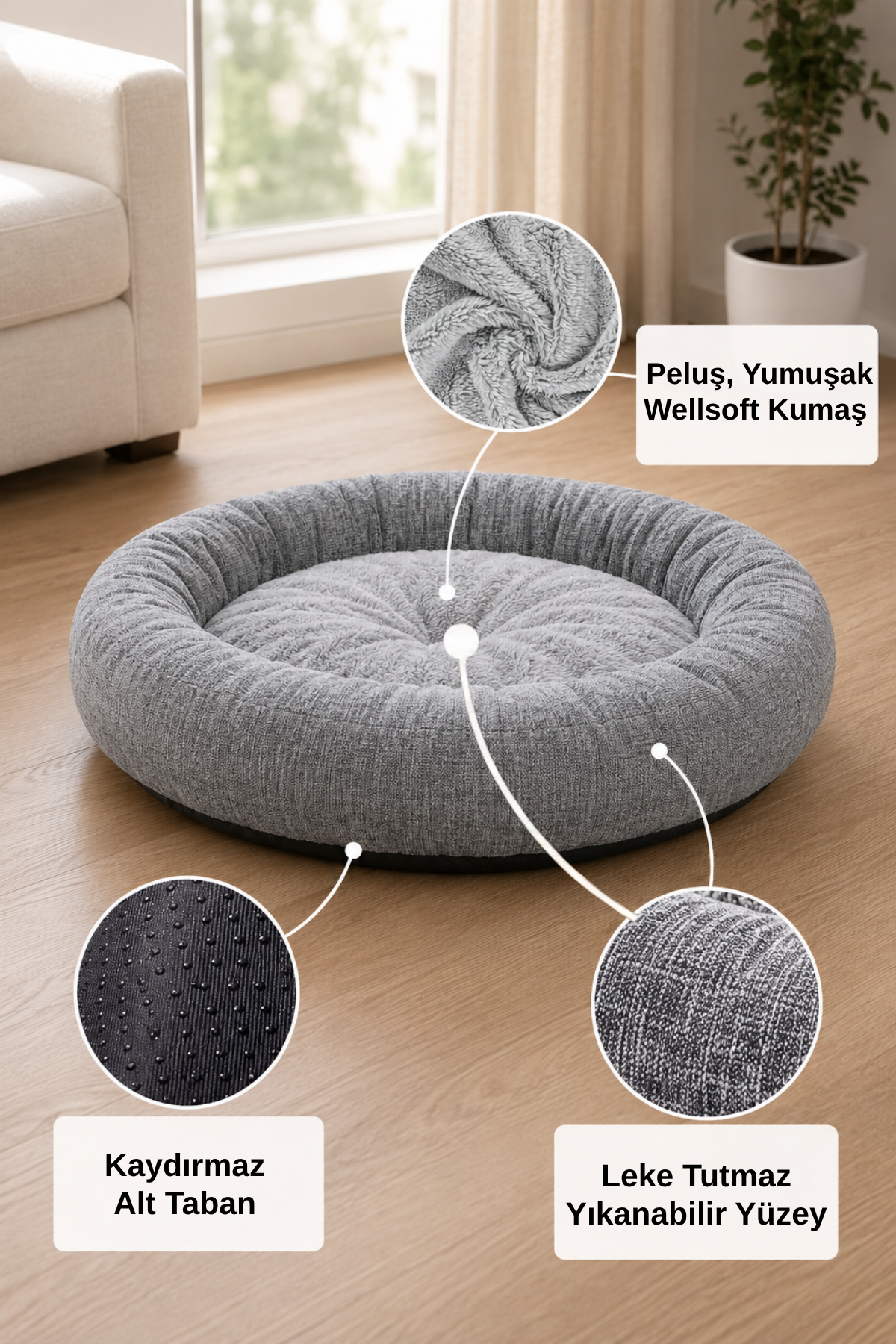 Premium Kedi ve Köpek Yatağı, Yıkanabilir, Kaydırmaz Tabanlı, Peluş Wellsoft Kumaş Yatak