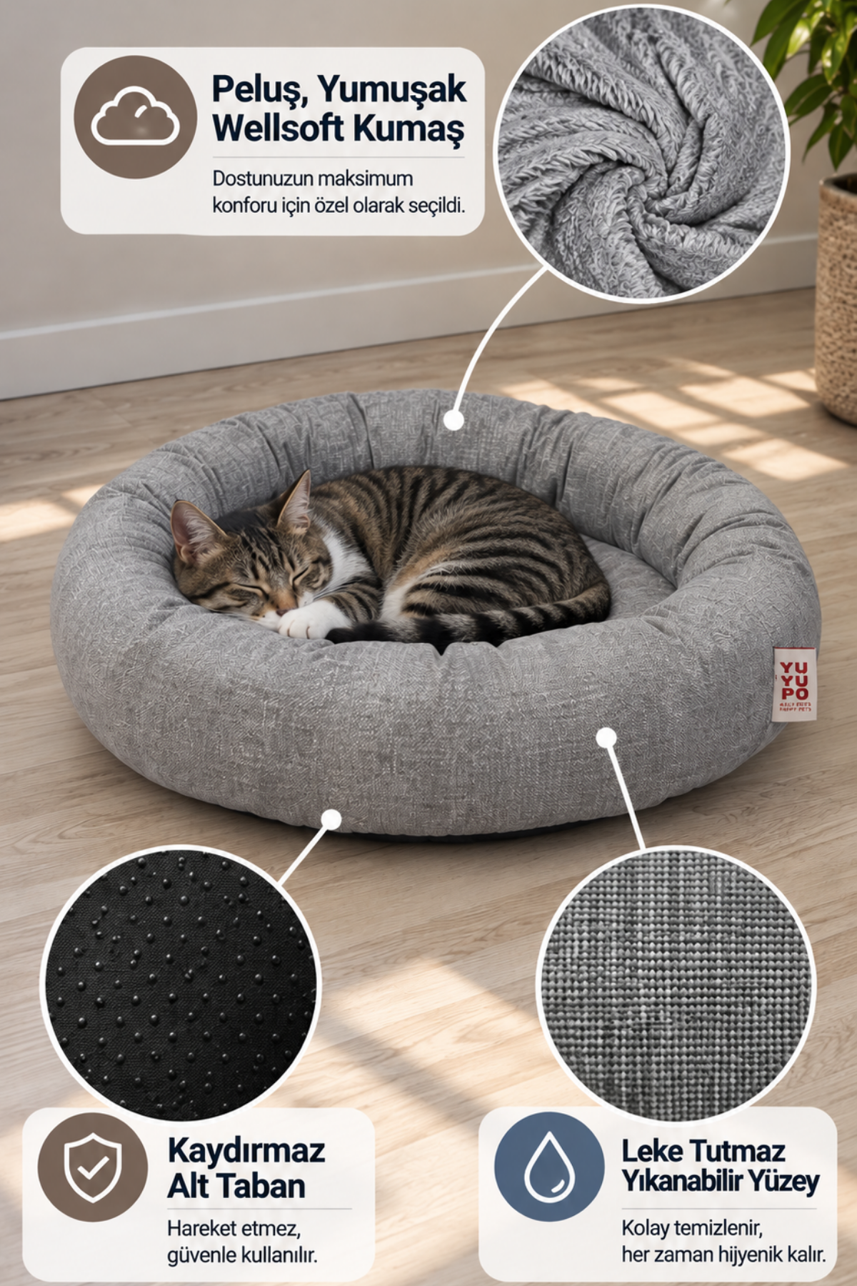 Premium Kedi ve Köpek Yatağı, Yıkanabilir, Kaydırmaz Tabanlı, Peluş Wellsoft Kumaş Yatak
