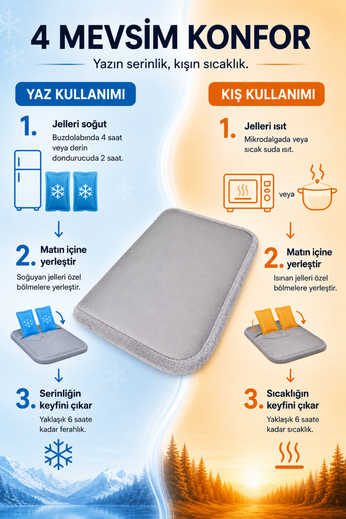 4 Mevsim Kedi ve Köpek Matı, 40x60 cm | Sıcak & Soğuk Kullanılabilen Jel Dolgulu Minder Yatak - Gri