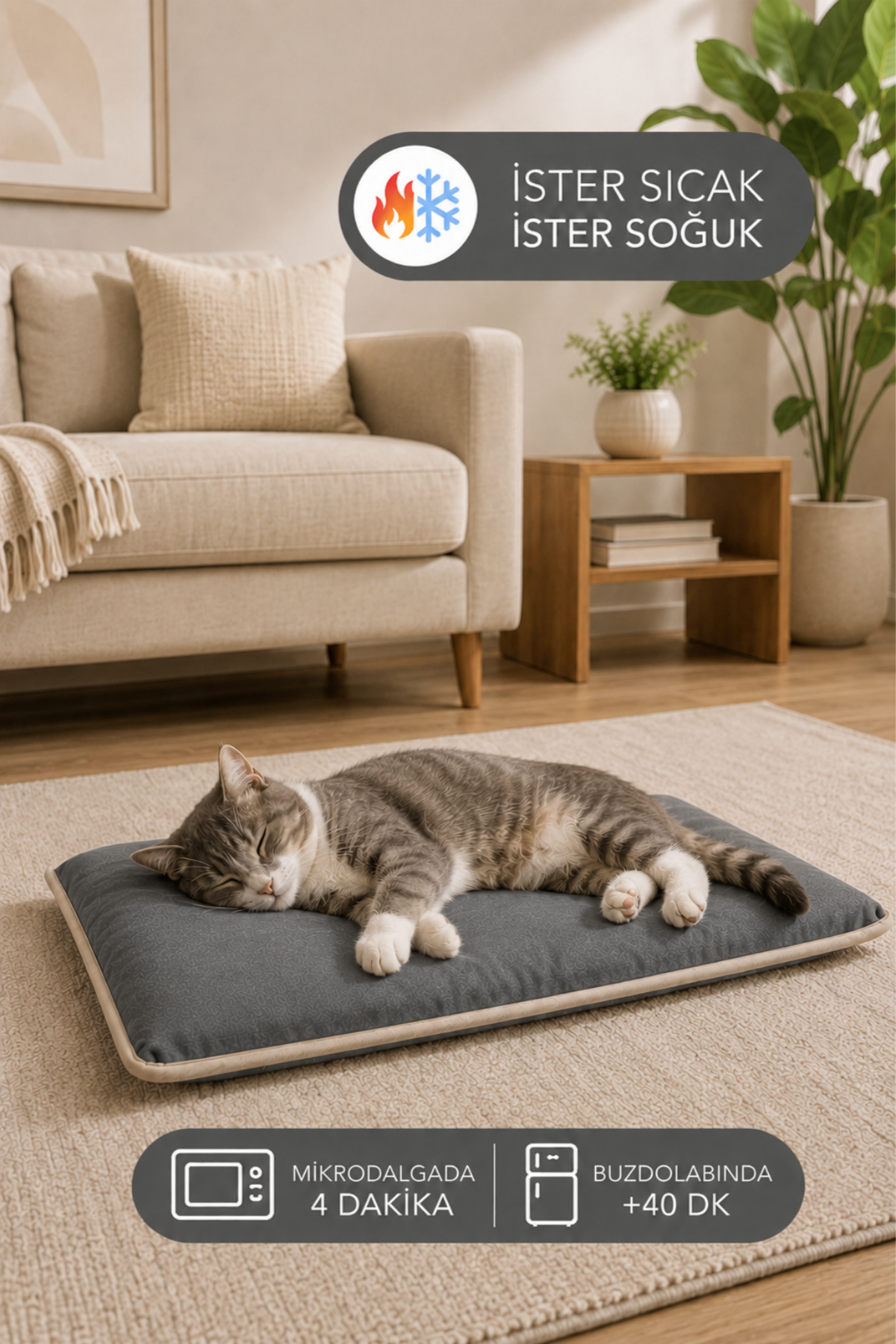 Serinletici Mat 40x60 cm, 4 Mevsim Kedi ve Köpek Matı | Sıcak & Soğuk Kullanılabilen Jel Dolgulu Minder Yatak - Gri