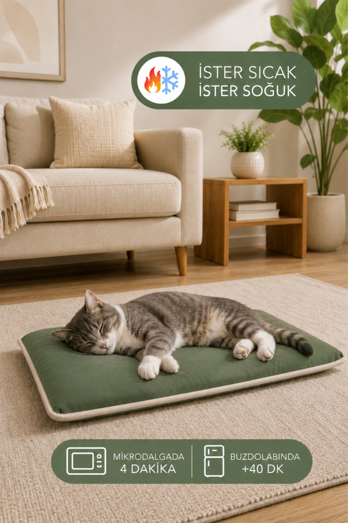 Serinletici Mat 40x60 cm, 4 Mevsim Kedi ve Köpek Matı | Sıcak & Soğuk Kullanılabilen Jel Dolgulu Minder Yatak - Haki