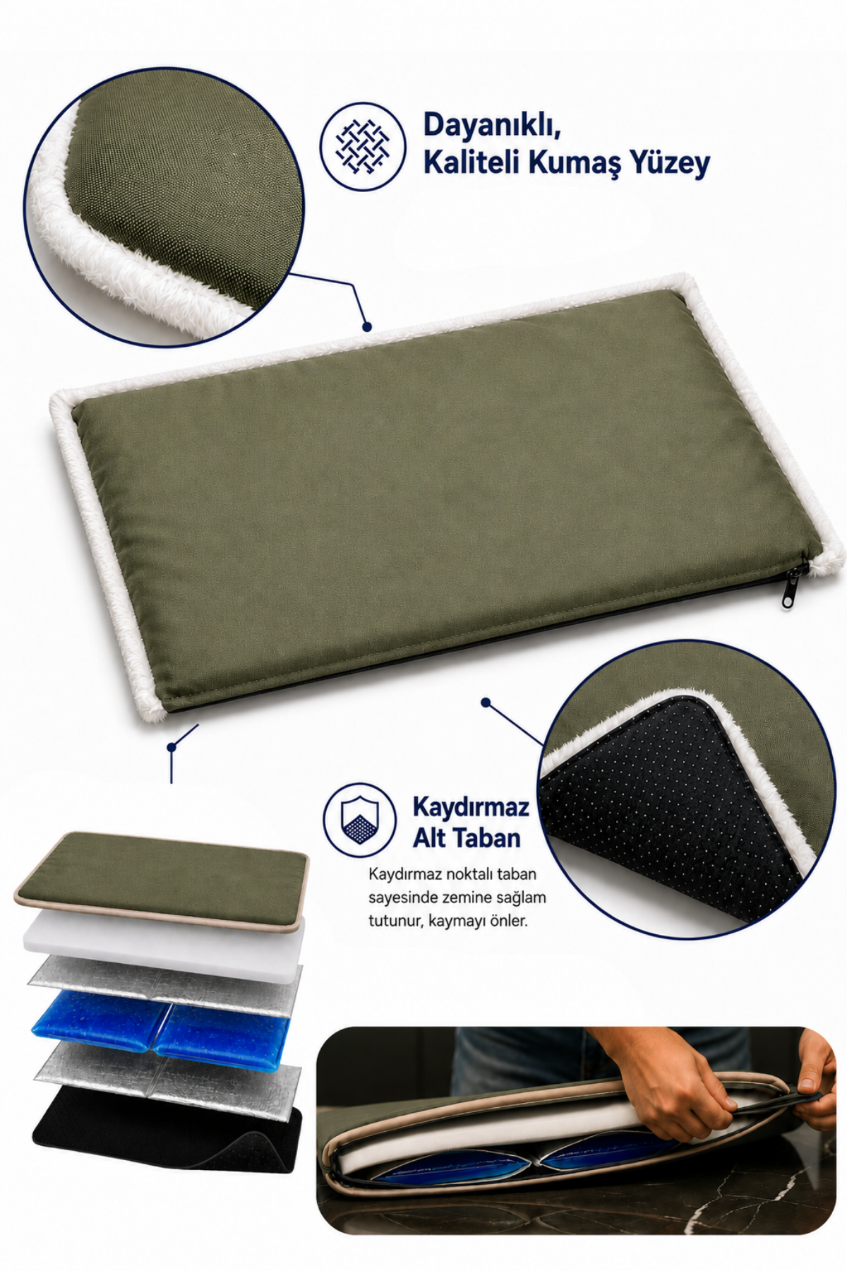 Serinletici Mat 40x60 cm, 4 Mevsim Kedi ve Köpek Matı | Sıcak & Soğuk Kullanılabilen Jel Dolgulu Minder Yatak - Haki