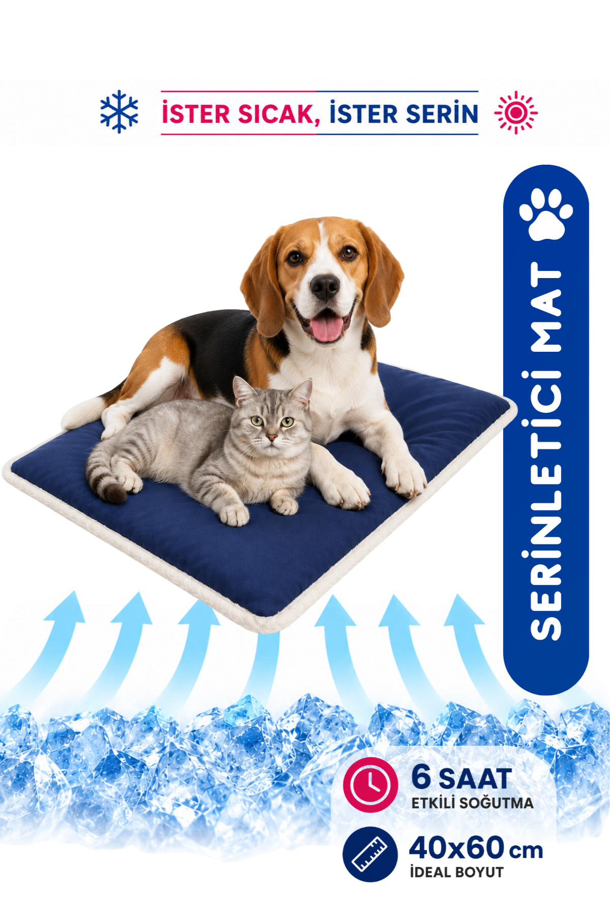 Serinletici Mat 40x60 cm, 4 Mevsim Kedi ve Köpek Matı | Sıcak & Soğuk Kullanılabilen Jel Dolgulu Minder Yatak - Lacivert